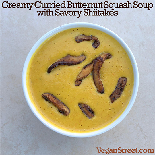 Creamy Curried Butternut Squash Soup with Savory Shiitakes