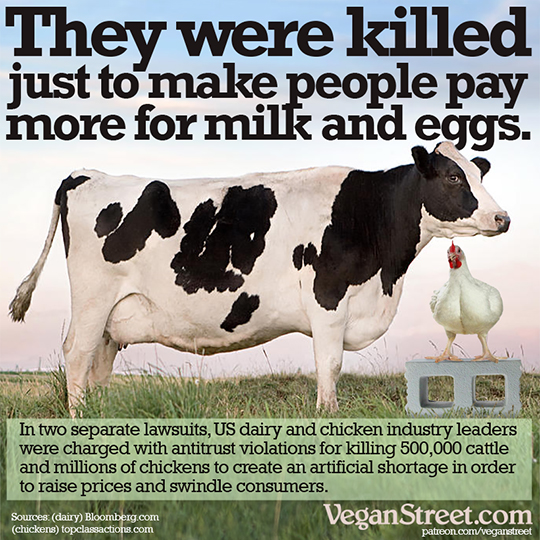 They were killed to make people pay more for milk and eggs.